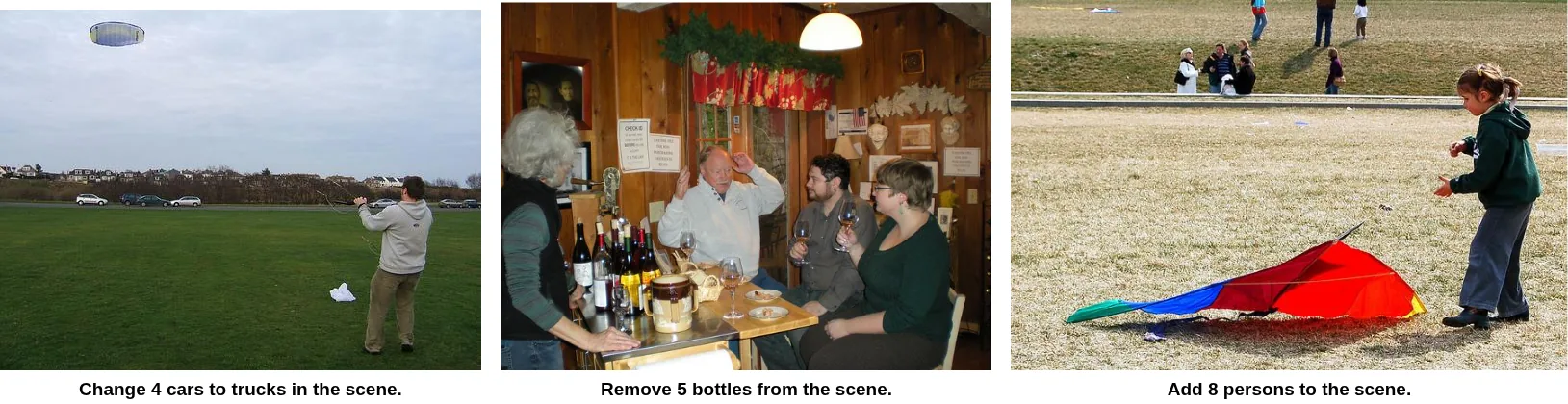 Three benchmark samples: change 4 cars to trucks, remove 5 bottles, add 8 persons.